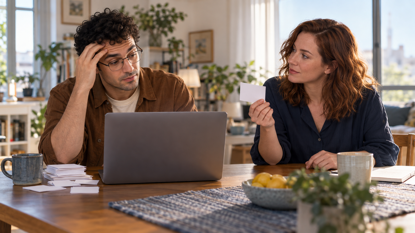 Fictional Eli and Mara discussing one blank note card beside a laptop